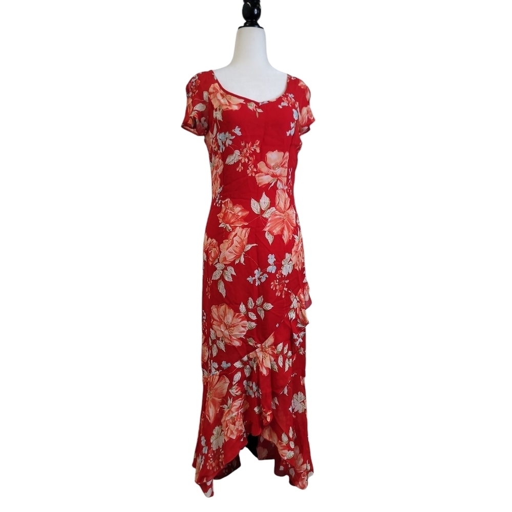 Steilman Floral Red ruffle down Midi Dress